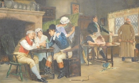 19thC Continental School. Tavern scene, figures at a table before pewter plates and hearth, oil on canvas, unsigned, Pickfords label verso, 39cm x 68cm.