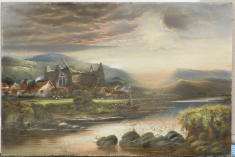 J. W. Strong (19thC). Tintern Abbey, with clouds gathering on a twilight evening, signed and dated 1911, oil on board, 51cm x 73cm.