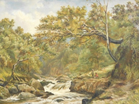 19thC English School. Figures on a river bank before flowing stream, oil on canvas, unsigned, 61cm x 92cm.