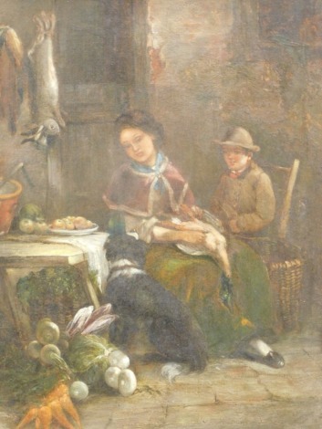 19thC School. Interior scene, peasant farmers aside dead game and fruit, oil on canvas, unsigned, chalk numbers verso, 44cm x 34cm.