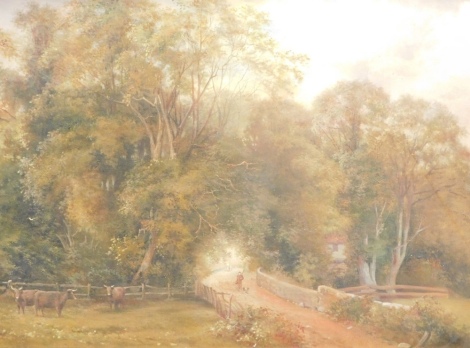 19thC English School. Cattle in a field before figure on a path with trees in the distance, oil on canvas, unsigned, John B. Smith stamp to the canvas, 40cm x 59cm.