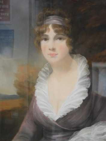 19thC School. Portrait of a lady in landscape, quarter profile, oil on paper, unsigned, 75cm x 62cm.