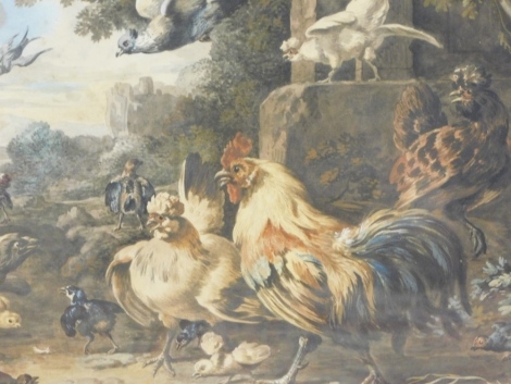 19thC School. Cockerel, hens and other birds in flight in a naturalistic setting, watercolour, unsigned, 28cm x 38cm.