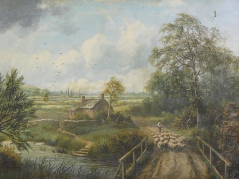 Albert Dunnington (1860-1941). Farmer driving sheep on a path before cottage with clouds gathering, oil on canvas, signed and dated 1889, 61cm x 95cm.