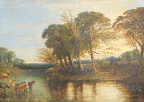 Manner of Constable (19thC Engish School). Cattle in a stream before trees and cottage, oil on canvas, unsigned, 72cm x 130cm.