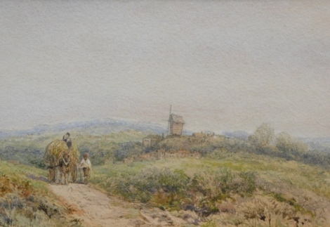 19thC English School. Figure pulling hay cart with windmill and hills in the distance, watercolour, unsigned, 14cm x 25cm.