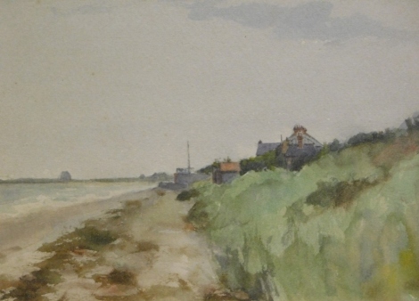 20thC School. Calm seascape, dunes before houses, watercolour, unsigned, 14cm x 18cm.