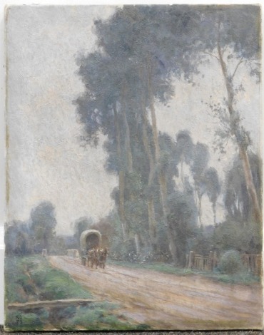 K. T. (19thC English School). Horse drawn carriage on path, oil on canvas, initialled and dated 1905, 38cm x 30cm.