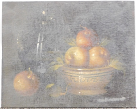 19thC Continental School. Still life, fruit in a bowl, oil on board, unsigned, 20cm x 25cm.