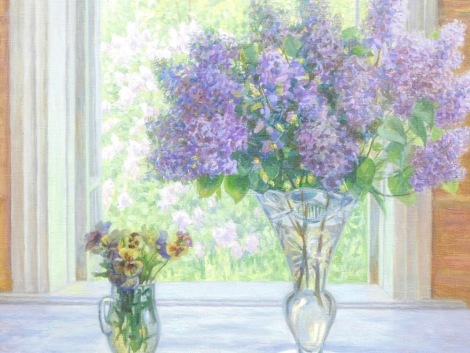 P. Xadupoby (20thC). Still life, summer flowers in a vase and jug before open window, oil on canvas, signed and dated (19)95, 65cm x 72cm.