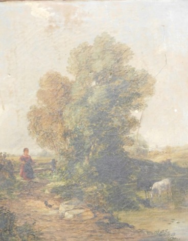 Manner of Constable (19thC School). Figure and dog on a path aside cattle drinking in a stream, oil on canvas, indistinctly signed, 35cm x 30cm.