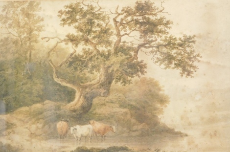 Manner of De Wint. Cattle in a stream before tree, watercolour, unsigned, 22cm x 32cm.