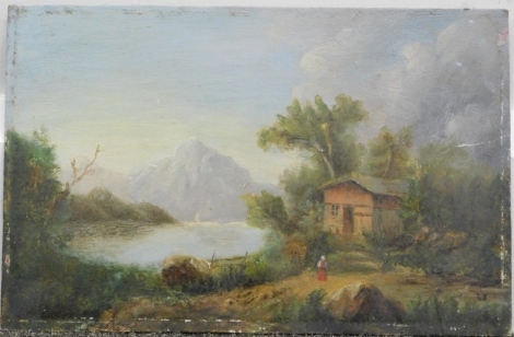 19thC Continental School. Figure on a path before cottage with mountain in the distance, oil on panel, unsigned, 16cm x 25cm.