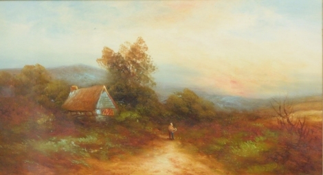 19thC School. Figures on a path before cottage and trees on a twilight evening, oil, unsigned, 25cm x 43cm.