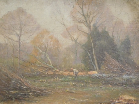 William B. Rowe (1854-1933). Figure felling tree, oil on board, signed, 27cm x 35cm.