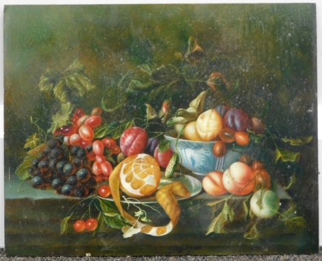 Continental School. Still life, grapes, peaches, plums and partially peeled orange on a table, oil on panel, unsigned, 20cm x 25cm.