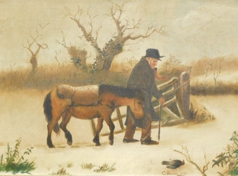 C. Brown (19thC). Winter scene, dead bird before figure leading horse, oil on canvas, signed and dated 1889, 35cm x 53cm.