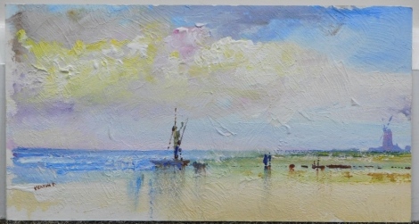 Tom Keating (20thC). Orford Ness, oil on card, signed, titled and attributed verso, 14cm x 24cm and another in the same hand. (2)