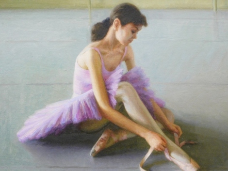 Rashit Habirov (b.1953). Ballerina in lilac, oil on board, signed and dated (20)02, label verso, 34cm x 44cm.