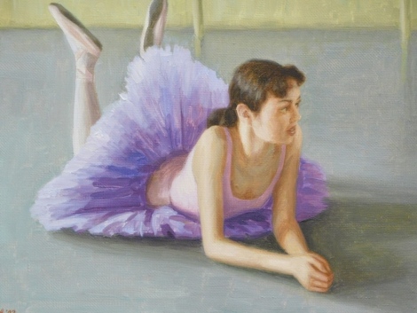 Rashit Habirov (b.1953). Ballerina in lilac, oil on board, signed and dated (20)02, label verso, 34cm x 44cm.