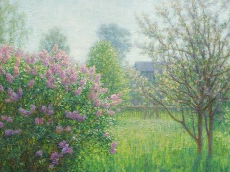 Rashit Habirov (b.1953). Orchard before cottage, oil on canvas, signed, 56cm x 58cm.