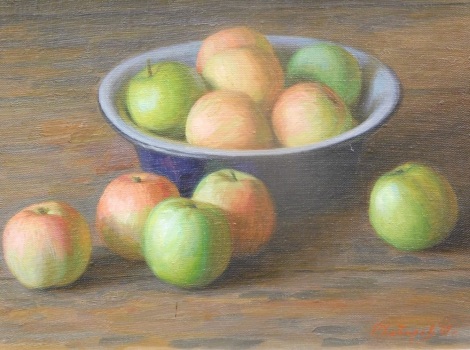 Rashit Habirov (b.1953). Still life, apples in bowl, oil on canvas, signed and dated (20)01, 26cm x 34cm.