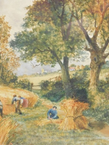 Walter W. Goddard (1858-1933). Cutting hay before trees, with church and house in the distance, watercolour, signed and dated 1912, 36cm x 25cm.