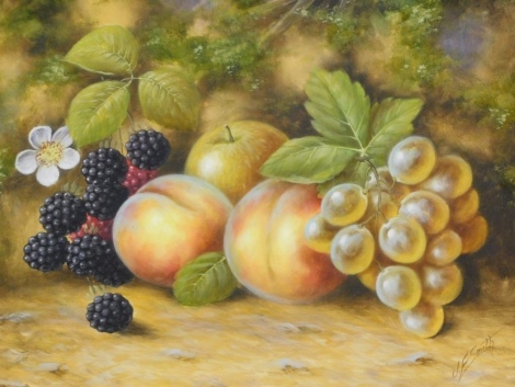 John F. Smith (b.1934). Fruit in a forest landscape, oil on board, signed, one attributed verso, 23cm x 30cm and another - pair. (2)