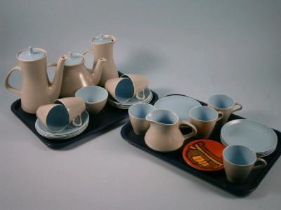 A Poole pottery grey and blue glazed part tea and coffee service