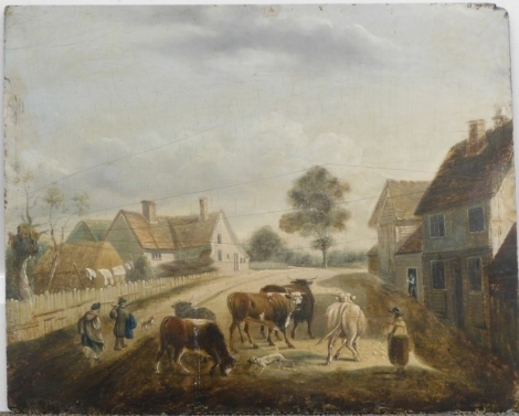 19thC School. Figures on a path driving cattle with dogs, oil on panel unsigned, 36cm x 43cm.