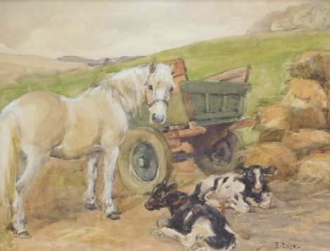 E. Dick (19thC). Horse and calves before cart and hay, watercolour, signed, 26cm x 34cm.