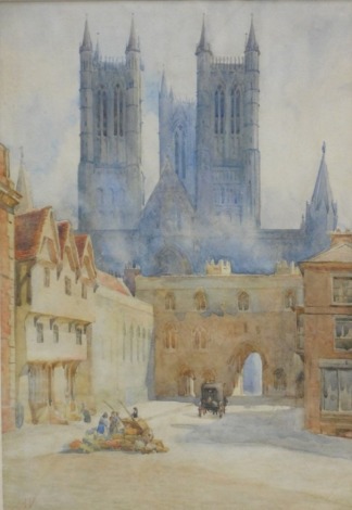 Alice Venables (19thC). Lincoln Cathedral from Castle Square, watercolour, initialled, handwritten notes verso, 37cm x 25cm.