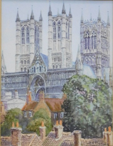 Albert Henry Findley (1880-1975). Lincoln Cathedral, watercolour, signed, titled to the mount, 13cm x 10cm and another, West Front Lincoln, signed and titled to the mount - pair, one with Gadsby label verso. (2)