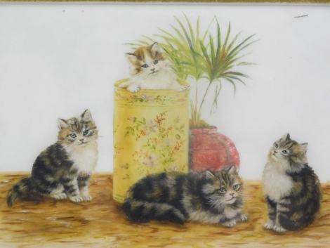 Bessie Bamber (1870-1910). Kittens and vase, oil on board, initialled and numbered 102, 15cm x 21cm and another, Kittens in a basket, initialled BB - pair. (2)