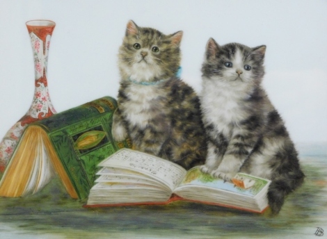 Bessie Bamber (1870-1910). Kittens beside vase and bowl, oil on canvas, initialled and another, Kittens, book and vase, initialled, 17cm x 24cm - pair. (2)