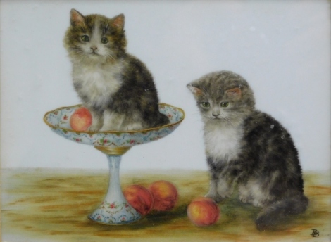 Bessie Bamber (1870-1910). Kittens, comport and fruit on a table, oil on board, initialled, 15cm x 19cm and another, Kittens and books - pair. (2)