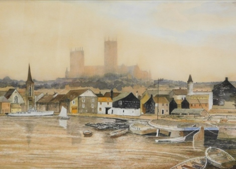 20thC English School. Lincoln From The Brayford with artistic licence, watercolour, unsigned, 44cm x 69cm.