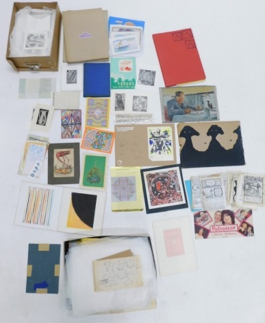 Various artists work, sketchbook, artist related books, block print signed Libby, artist sketchbook containing various watercolours, many works signed Sue S., Libby, a quantity of various other block prints, various other prints, pictures, other part sket