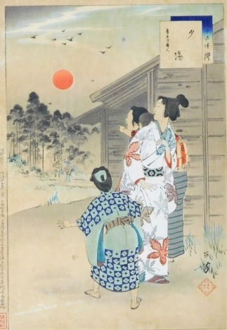 A Japanese woodblock print, Sunset: Woman of the Keian Era (1648-52), from the series Thirty-Six Elegant Selections by Toshikata Mizuno (1866-1908), 32cm x 24cm.