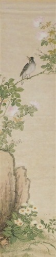 A Japanese scroll painting, of a bird on flowering branch, watercolour on silk, red seal mark, 125cm x 29cm.