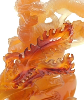 A Chinese agate carving of a vase, enveloped with two dragons and a flaming pearl, terrapin, and a ho-ho bird, raised on a hardwood stand, 21m high, (AF). - 6