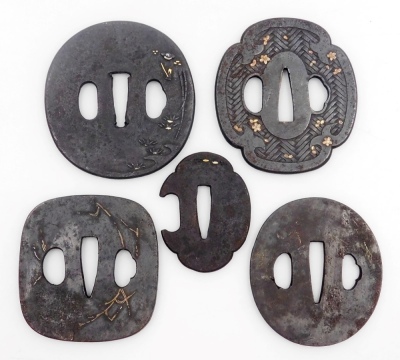 Five Japanese iron tsuba, each of differing shape and design, with silver and gold inlays. - 2