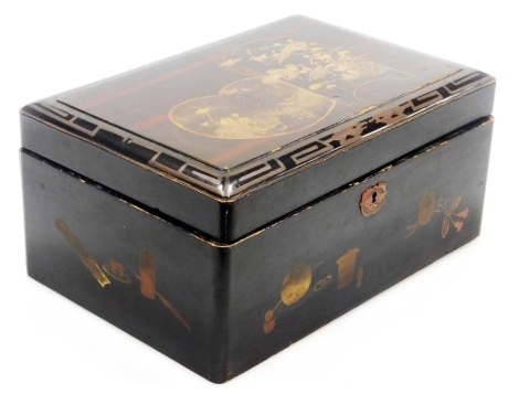 A 20thC Japanese lacquer box, decorated with birds to top and household objects to edges, 25.5cm wide, (AF).