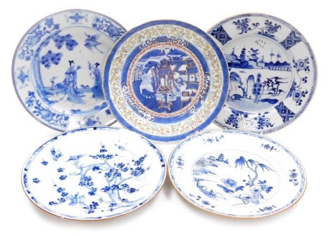 A group of Chinese blue and white plates, late 18thC, variously decorated with landscapes, an apple tree and birds, and figures in a garden, one with clobbered decoration. (5)