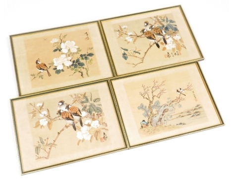 Chinese School. Four watercolours on silk, comprising two of finches perched on a branch of apple trees, 25cm high, 30cm wide, another of a single finch perched on a branch of a rose, 30cm high, 25cm wide, the fourth of birds perched on a tree in a landsc