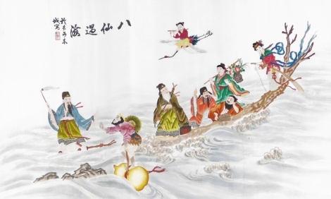 A 20thC Chinese silk embroidery, depicting the eight immortals crossing an ocean, 70cm x 109cm.