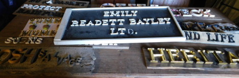 A group of hardwood signs, bearing raised printed words, to include Sundeck, Pondlife, Heritage, Posh Salvage, etc. Note: VAT is payable on the hammer price of this lot at 20%.