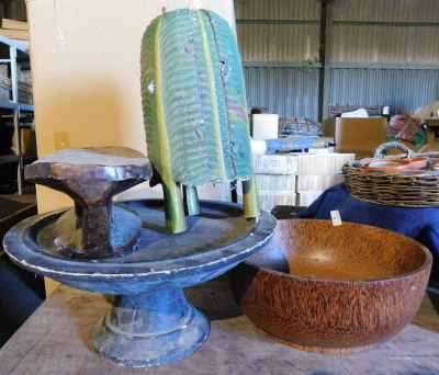 A group of treen, to include a coconut bowl, 41cm diameter, a painted pedestal dish, 22cm high, wooden cactus sculpture, etc. (a quantity) Note: VAT is payable on the hammer price of this lot at 20%.