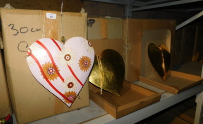 A group of painted heart shaped wooden hanging decorations, to include gold coloured, floral painted, etc. (4 boxes) Note: VAT is payable on the hammer price of this lot at 20%.