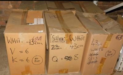 A group of white coloured carved wooden letters, to include V, K, Q, etc., each 43cm high. (6 boxes) Note: VAT is payable on the hammer price of this lot at 20%.